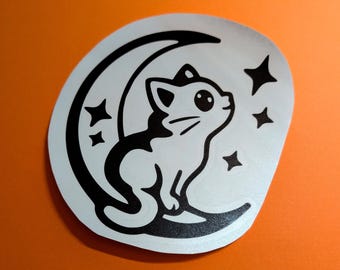 Moon Cat Vinyl Sticker | Cute Cat Laptop Sticker | Celestial Cat Decal | Cat Lover Gift | Kawaii Cat Sticker | Waterproof Vinyl Sticker