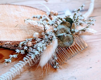 Ivory/White & Eucalyptus Dried Flower Hair Comb | Wedding | Bride | Bridesmaid