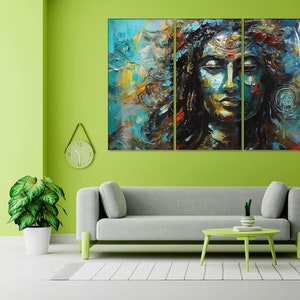 Lord Shiva Painting - Awakening of Lord Shiva in Digital Acrylic on High-Quality Canvas Set of 3 | Hindu God Wall Art