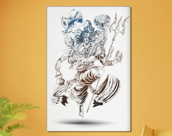 Może przedstawiać: Oprawiony wydruk na płótnie przedstawiający szczegółową ilustrację hinduskiego bóstwa. Grafika przedstawia postać z wieloma ramionami, trzymającą różne przedmioty, w odcieniach niebieskiego, brązowego i białego. Wydruk jest eksponowany w pokoju z żółtymi ścianami.