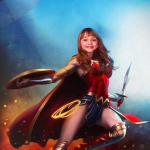 Personalisiertes Superhelden Portrait vom Foto & Name, Wander Woman Portrait vom Foto, Comics Geburtstagsgeschenk für Kinder