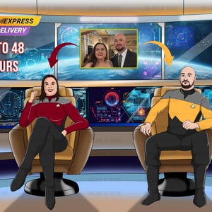 Retrato personalizado: obra de arte digital familiar a partir de una foto en estilo de dibujos animados, retrato personalizado de Star Enterprise, retrato familiar de Star Voyager