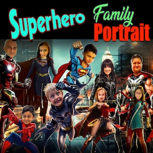 Superhelden Porträt von Ihrem Foto, individuelle Superhelden Familie Porträt, personalisierte Cartoon Zeichnung, Comics Geburtstagsgeschenk für Kinder