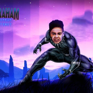 Personalisiertes Superhelden Portrait nach Foto & Name, Black Panther Portrait nach Foto, Comics Geburtstagsgeschenk für Kinder