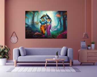 Radha and Krishna Painting | Premium Digital Print on Canvas | Watercolor, Acrylic, and Oil Paint Style | Radha Krishna Wall Art