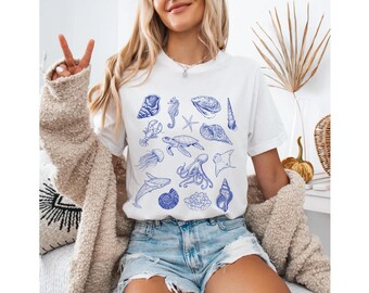 Vintage Sea Creature Tattoo Graphic Tee - Coastal Comfort Colors Shirt