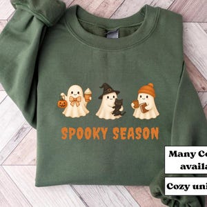 Spooky Season Sweatshirt Cozy Halloween Sweatshirt Little Iced Coffee Ghosts Shirt Ghost Cat Crewneck Book Ghost Sweater Witch Ghost Jumper