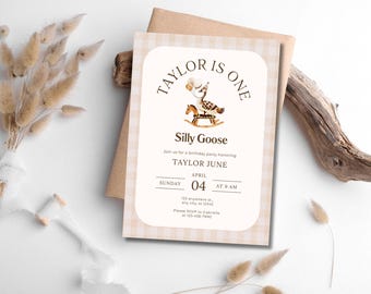 One Silly Goose First Birthday Invitation Template, Editable Silly Goose Invite for Girl or Boy, Custom Goose Birthday Canva Template