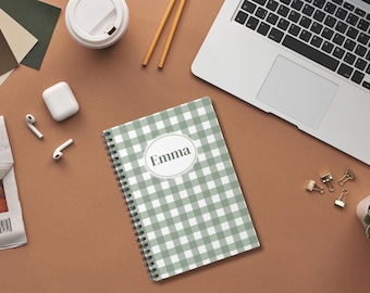 Personalized Green Gingham Spiral Notebook: Custom Checkered Journal