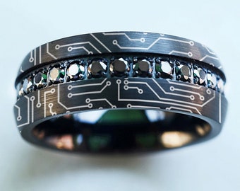 Black Tungsten Ring with Black Diamonds and Circuit Board Engraved Pattern, Computer Motherboard Circuit Board Diamond Ring - 8mm