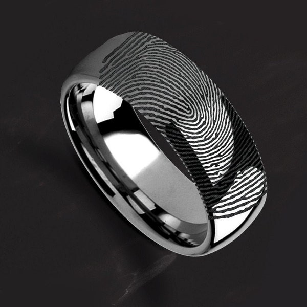 Actual Real Fingerprint Engraved Domed Rounded Pipe Cut Tungsten Ring Polished - 2mm to 10mm Available