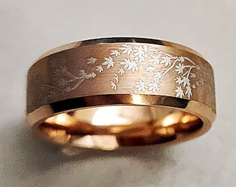 Engraved Japanese Maple Tree ring, Maple Tree Wedding Ring ,Maple Tree Ring, Maple Tree Forest Ring - 8mm