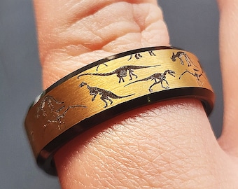 Engraved Dinosaur Tungsten Carbide Wedding Ring, Engraved Ancient Dragon Bone Pattern Ring, Dinosaur Ring, Paleontologist Promise Band - 8mm