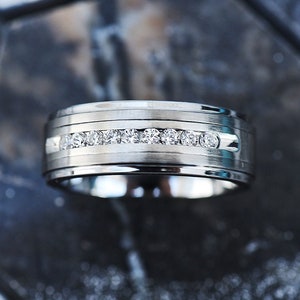 Mens Tungsten Wedding Band  Raised Center Brushed Silver Inlay & 9 Channel Set White Diamonds, Mens Big White Diamond Ring - 6mm and 8mm