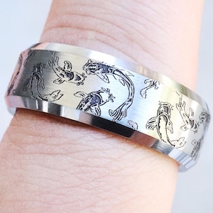 Engraved Silver Japanese Koi Fish Pattern Wedding Band Ring, Beautiful Koi Carp Silver Ring, Koi Fish Band, Tungsten Carbide - 8mm
