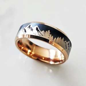 Engraved Mountain Range & Trees Ring, Mens Mountain Range Ring, Mens Mountain Band, Mountain Wedding Band, Mens Outdoors Ring - 8mm