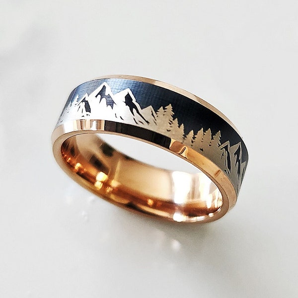 Engraved Mountain Range & Trees Ring, Mens Mountain Range Ring, Mens Mountain Band, Mountain Wedding Band, Mens Outdoors Ring - 8mm