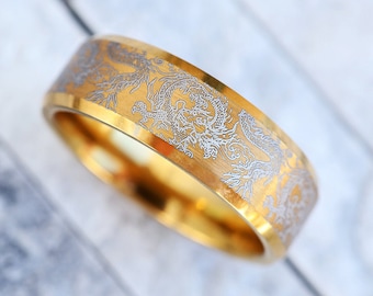 LIGHT Engraved Tungsten Dragon Wedding Band Rose Gold Ring, Traditional Light Dragon Pattern Ring, Dragon Lore Ring, Dragon Promise Band
