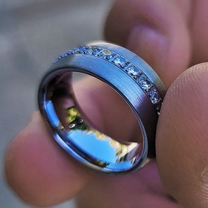 Diamond & Silver Tungsten Carbide Men&#39;s Wedding Band with Personalized Engraving