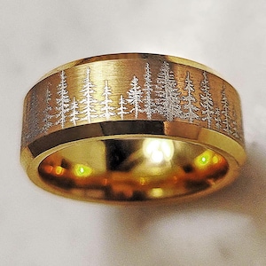 Engraved Minimal Forest Ring, Beautiful LIGHT Engraved Tree Ring, Treeline Scene Ring, Pine Trees Wedding Ring - 8mm Wide