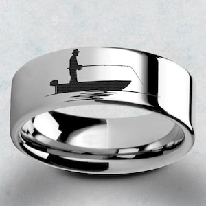 Engraved Boat Fishing Wedding Ring, Boat Fishing Promise Ring, Angler Engagement Ring, Fishing River Wedding Band, Hunter Ring 4mm to 10mm