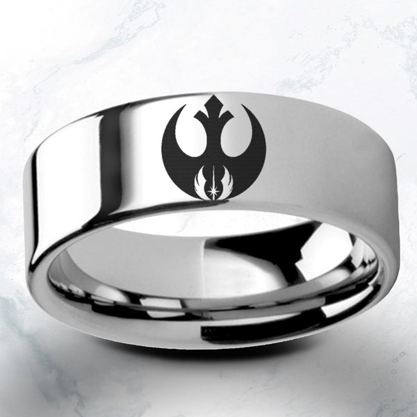 Engraved Star Wars Rebel Alliance & Jedi Order Polished Tungsten Engraved Ring Jewelry - 4mm - 10mm Available, Silver, Black and Gold Colors