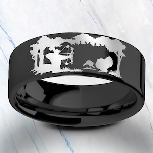 Engraved Turkey Bow Hunting Black Wedding Ring, Turkey Hunting Ring, Fowl Hunt Ring, Hunting Wedding Band, Hunter Wedding Ring