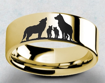 Alpha Wolf Family Engraved Promise Ring, Wolf Puppies Wedding Ring, Wolf Pack Engagement Ring, Wolf Jewelry Ring - 4mm to 10mm