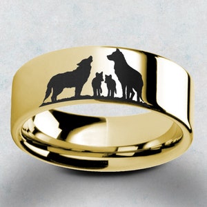 Alpha Wolf Family Engraved Promise Ring, Wolf Puppies Wedding Ring, Wolf Pack Engagement Ring, Wolf Jewelry Ring - 4mm to 10mm
