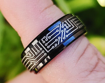 Personalized Laser Engraved Fidget Spinner Ring with Circuit Board Pattern, Fidget Ring with Circuit Board Design - 8mm Available