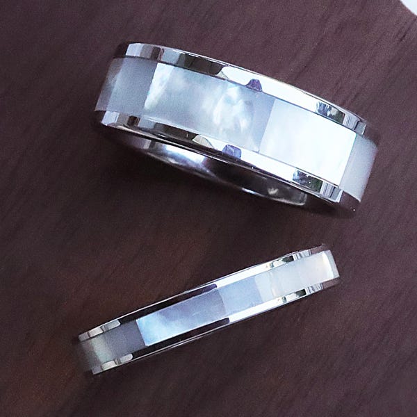 Silver Tungsten Wedding Ring with White Mother of Pearl Inlay, White Abalone Pearl, Couples Matching Set Rings - 4mm, 6mm, 8mm Width