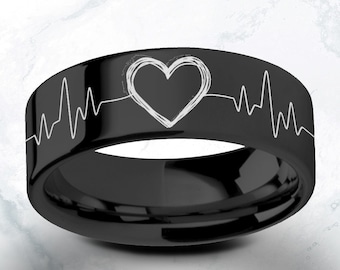 Engraved Real EKG Heart Beat Monitor Ring, Baby Heart beat engraving ring, Heart Beat Wedding Ring, Electrocardiogram Signal Beat Ring