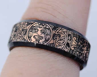 Engraved Aztec Culture Ring, Aztec Black Engraved Aztec Mayan Ring, Ancient Aztec Pattern Wedding Band, Aztec Design Engagement Ring - 8mm