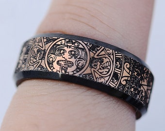 Engraved Aztec Culture Ring, Aztec Black Engraved Aztec Mayan Ring, Ancient Aztec Pattern Wedding Band, Aztec Design Engagement Ring - 8mm