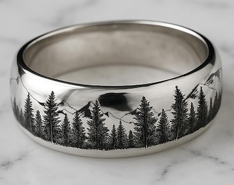 Engraved Nature Tungsten Ring, Fir Tree Forest Mountain Range Ring, Fir Tree Forest Men & Women Wedding Band, Fir Forest Wedding Ring  - 8mm