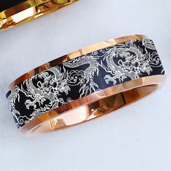 Engraved Black Tungsten Dragon Wedding Band Ring, Traditional Dragon Pattern Ring, Dragon Lore Ring, Detailed Dragon Promise Band - 8mm