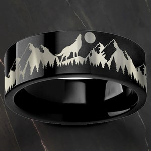 Engraved Howling Wolf Moon Forest Mountain Landscape Scene Black Tungsten Ring Flat Polished Finish Multiple Colors Available - 4mm to 10mm