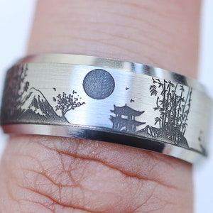 Special Embossed Engraved Japan Ring, Old Japan Scene Ring, Japanese architecture Ring, Hyper Detail Japan Ring, Japanese Wedding Ring - 8mm