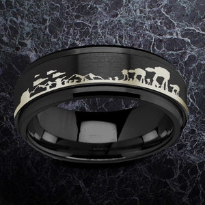 Personalized Star Wars Wedding Band Hoth Battle Scene Black Tungsten Engraved Spinner Fingerprint Ring, Fidget Spinner Tungsten Ring - 8mm
