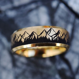 Engraved Marked Mens Mountain Wedding Band, Mountain Engagement Ring, Mountain Wedding Ring, Black Forest Ring, Mens Mountain Ring - 8mm