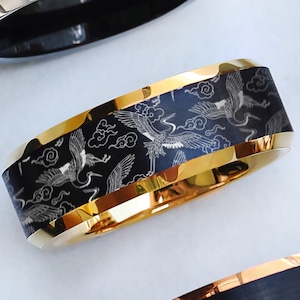 Engraved Black Tungsten Crane Wedding Band Ring, Traditional Chinese Crane Pattern Ring, Crane Lore Ring, Detailed Crane Promise Band - 8mm