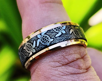 Engraved Sea Turtle Ring, Sea Turtle Wedding Ring, Tortoise Jewelry, Turtle Jewelry, Sea Turtle Engraved Wedding Band, Ocean Jewelry - 8mm