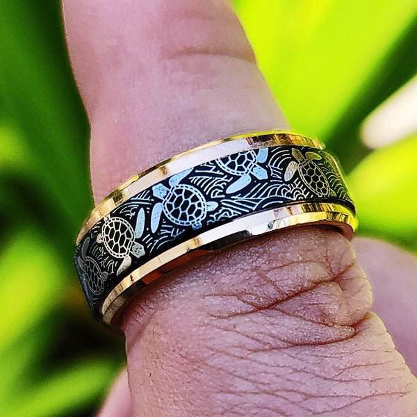 Engraved Sea Turtle Ring, Sea Turtle Wedding Ring, Tortoise Jewelry, Turtle Jewelry, Sea Turtle Engraved Wedding Band, Ocean Jewelry - 8mm