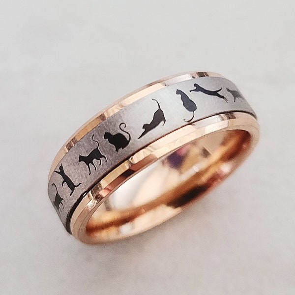 Engraved Cat Spinner Ring, Black Cat Ring, Black Cat Promise Ring, Black Cat Wedding Ring, Cat Person Jewelry, Cat Engagement Ring - 8mm