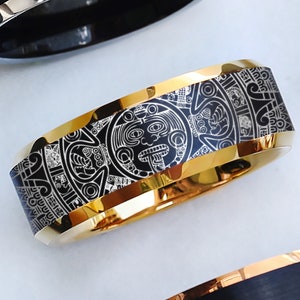 Anillo con calendario azteca grabado, anillo de compromiso azteca, alianza con diseño azteca antiguo, anillo de compromiso con diseño azteca (8 mm)