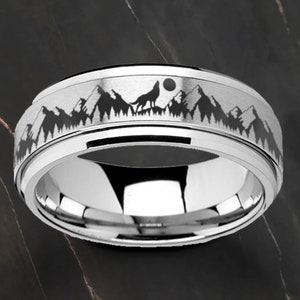 Personlig lasergraverad Fidget Spinner-ring Bergsvarg Scen Landskap Satin & Polerade Kanter 8 mm Finns - Guld Svart Silver