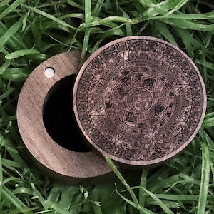 Engraved Aztec Calendar Pattern Black Walnut Wood Ring Box, Aztec Promise Ring Box, Aztec Wedding Band Box, Aztec Design Engagement Ring Box