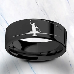 Engraved Fly Fishing Black Wedding Ring, Fly Fishing Promise Ring, Angler Engagement Ring, Fly Fishing River Wedding Band, Black Hunter Ring