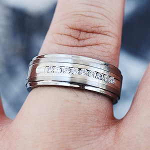 Mens Tension Set Wedding Band  Raised Center Brushed Silver Inlay & 9 Channel Set White Diamonds, White Diamond Tungsten Carbide Ring - 8mm