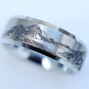 Hyper Detail Engraved Mountain Landscape Ring, 3D Mountain Lines Ring, Mountain landscape Scene Ring, Mountain Wedding Ring - 8mm Wide
